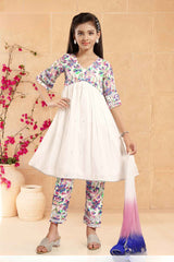 White Alia Cut Kurti With Printed Bottom Set For Girls