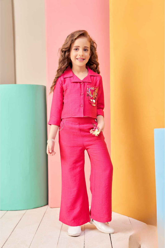 Stylish Pink Co ord Set Enhanced With Embroidered Pocket  For Girls