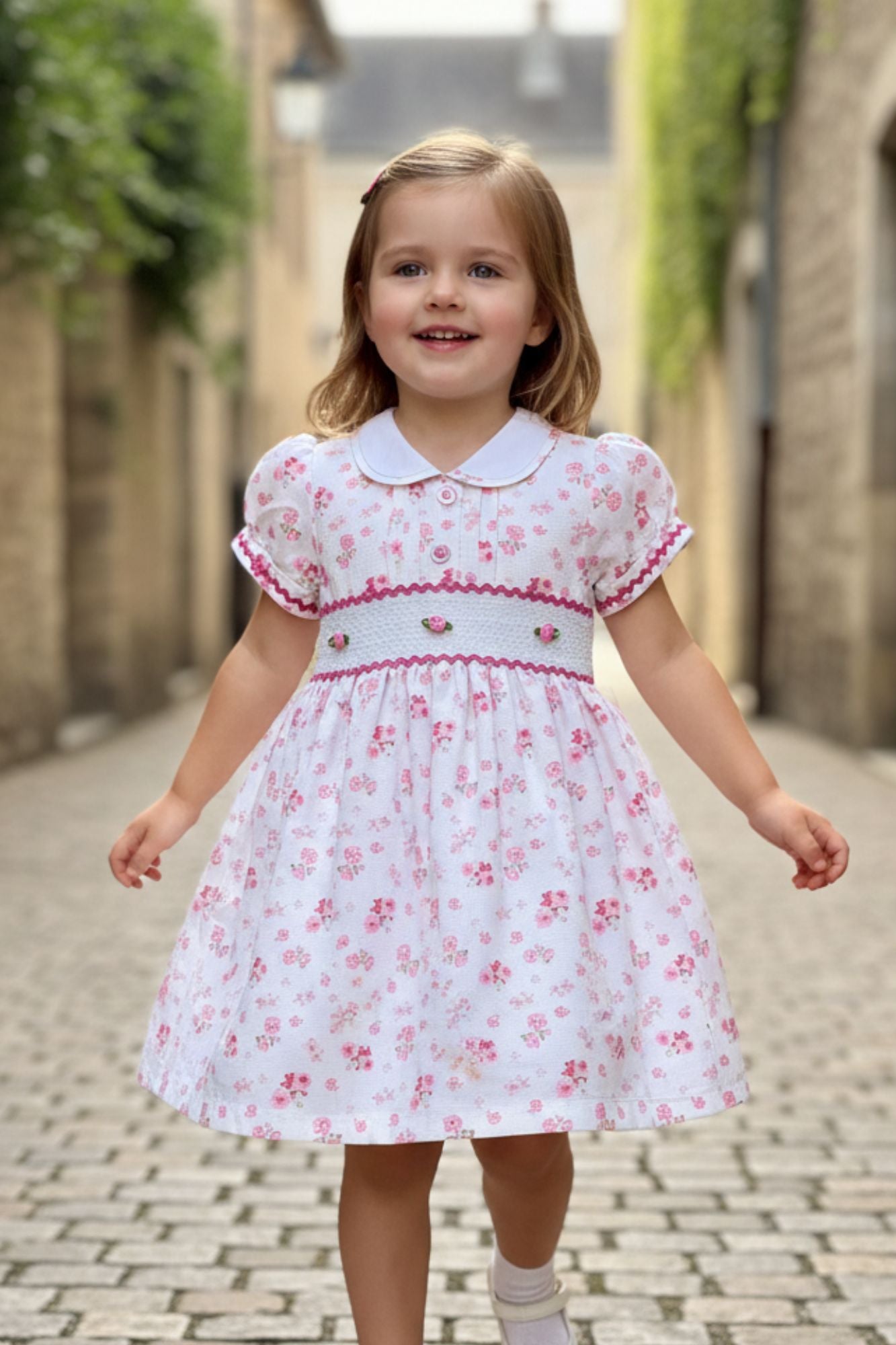White & Pink Floral Smocked Dress with Peter Pan Collar For Girls