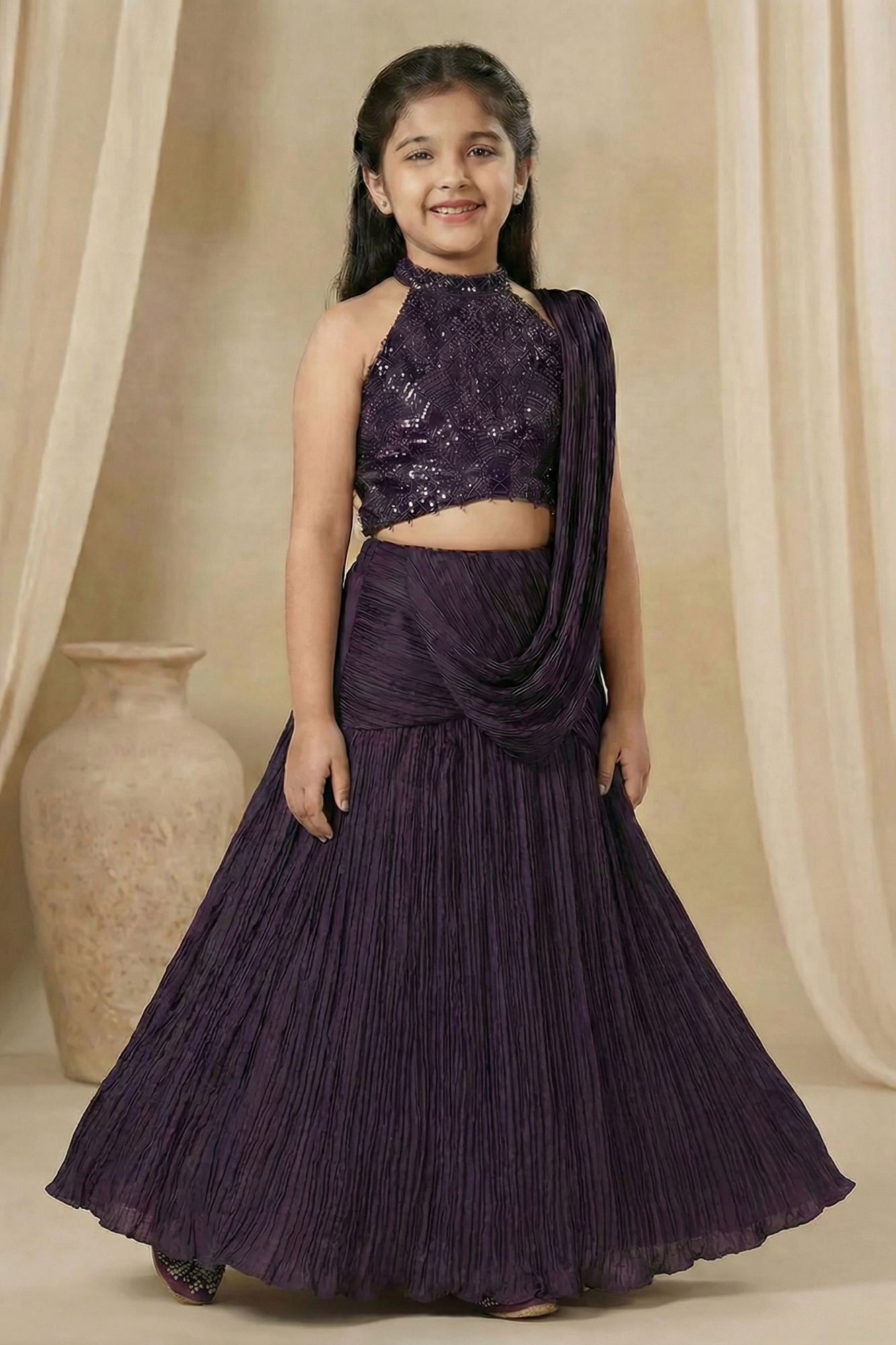 Plum Purple Sequinned Lehenga Choli Set With Dupatta For Girls