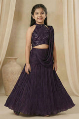 Plum Purple Sequinned Lehenga Choli Set With Dupatta For Girls