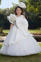 Luxe White Bow And Floral Embellished Party Wear Gown For Girls