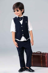 Navy Blue Waistcoat With White Shirt And Navy Blue Textured Pant Set For Boys