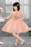 Peach Shimmer Party Frock with Sequin Bow and 3D Flower Detail For Girls