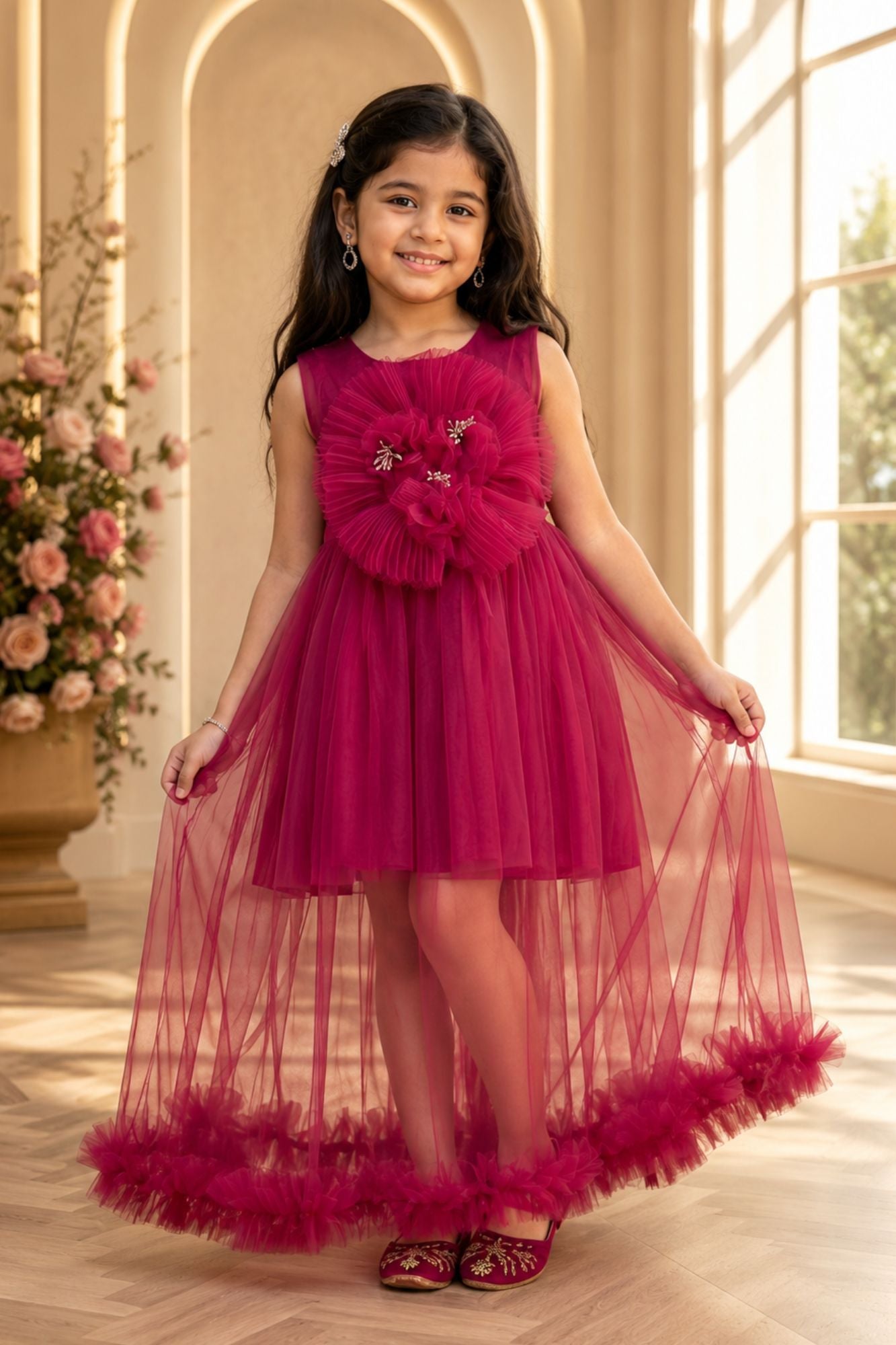 Rani Pink Party Frock with Oversized Floral Appliqué For Girls
