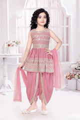 Peach Embroidered And Sequin Work Top With Dhoti Bottom Set For Girls