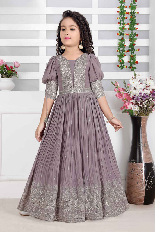 Elegant Mauve Sequins Embroidery Gown For Girls