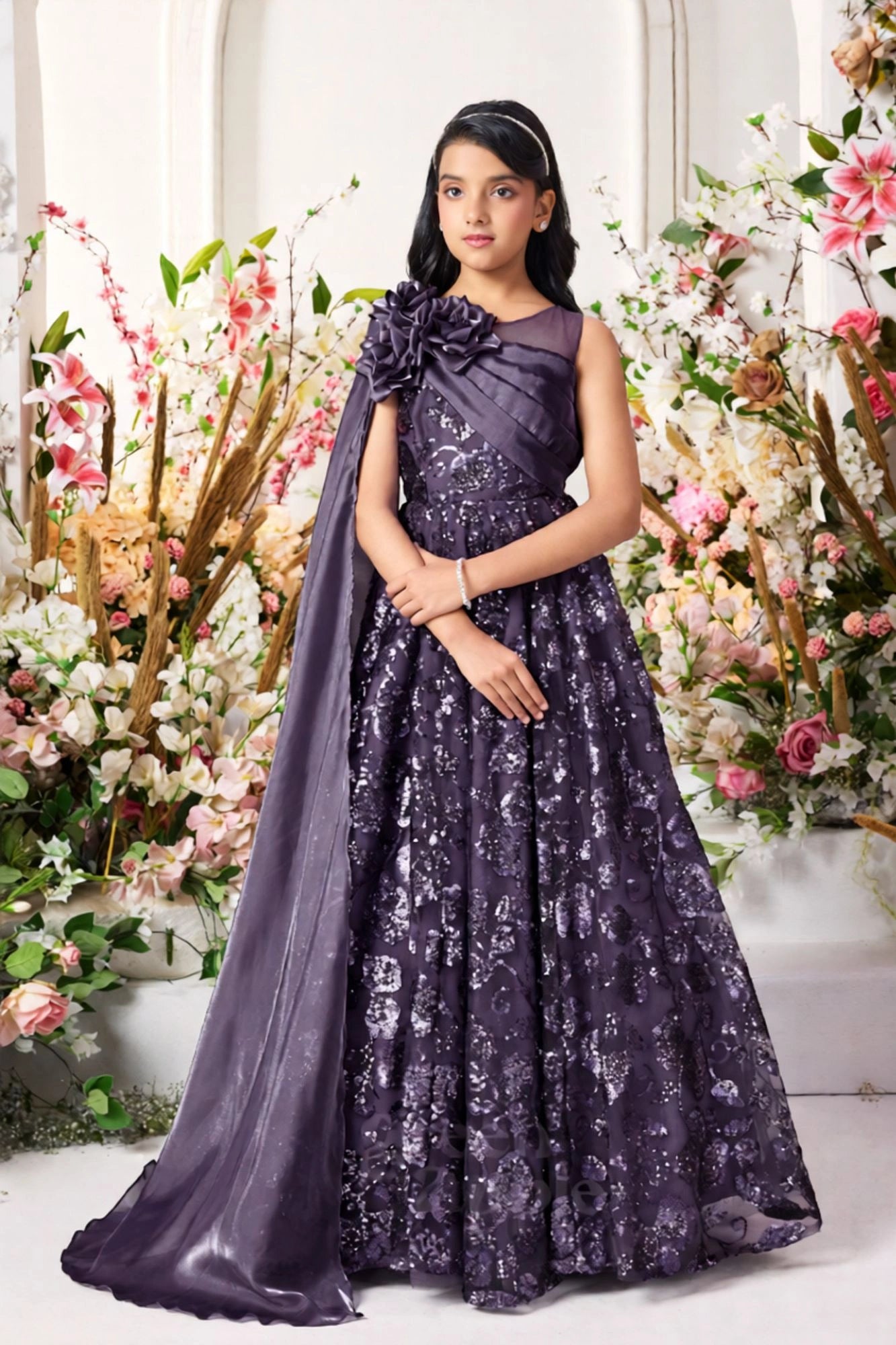 Purple Sequin Party Gown with One-Shoulder Cape & Floral Appliqué For Girls