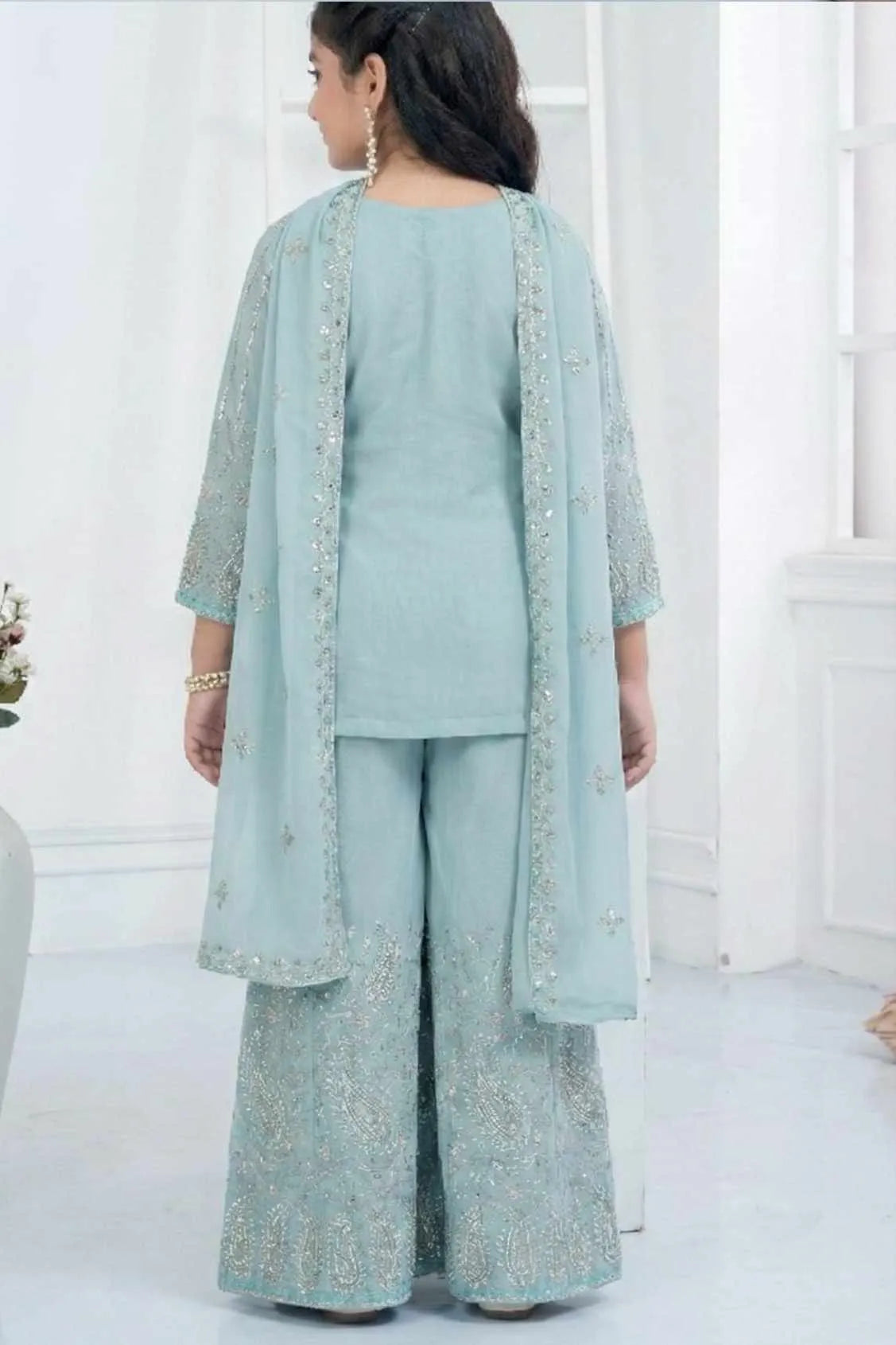 Aqua Blue Embroidered Palazzo Set for Girls