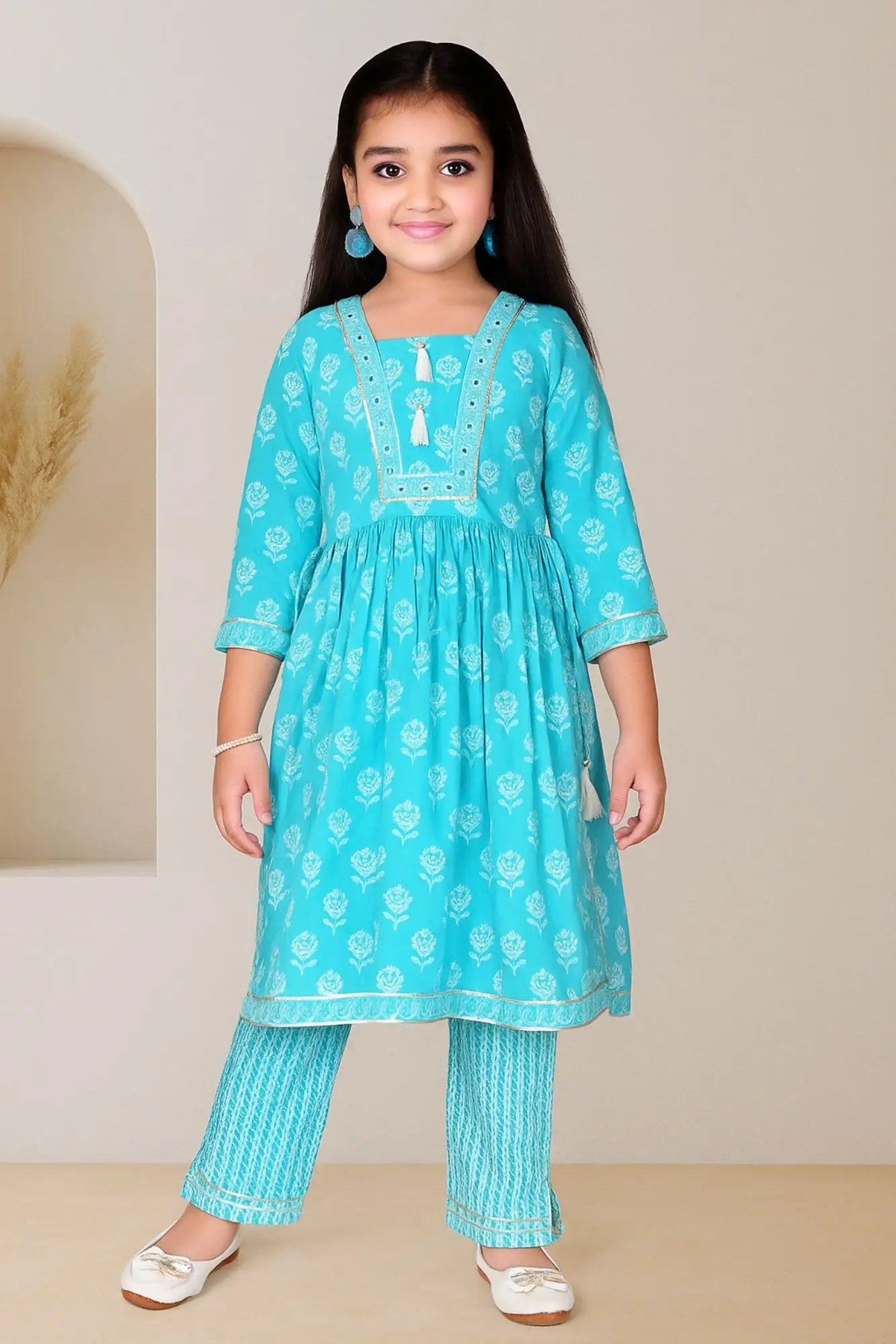 Sky Blue Printed Kurta Set with Tassel Detail For Girls