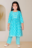 Sky Blue Printed Kurta Set with Tassel Detail For Girls