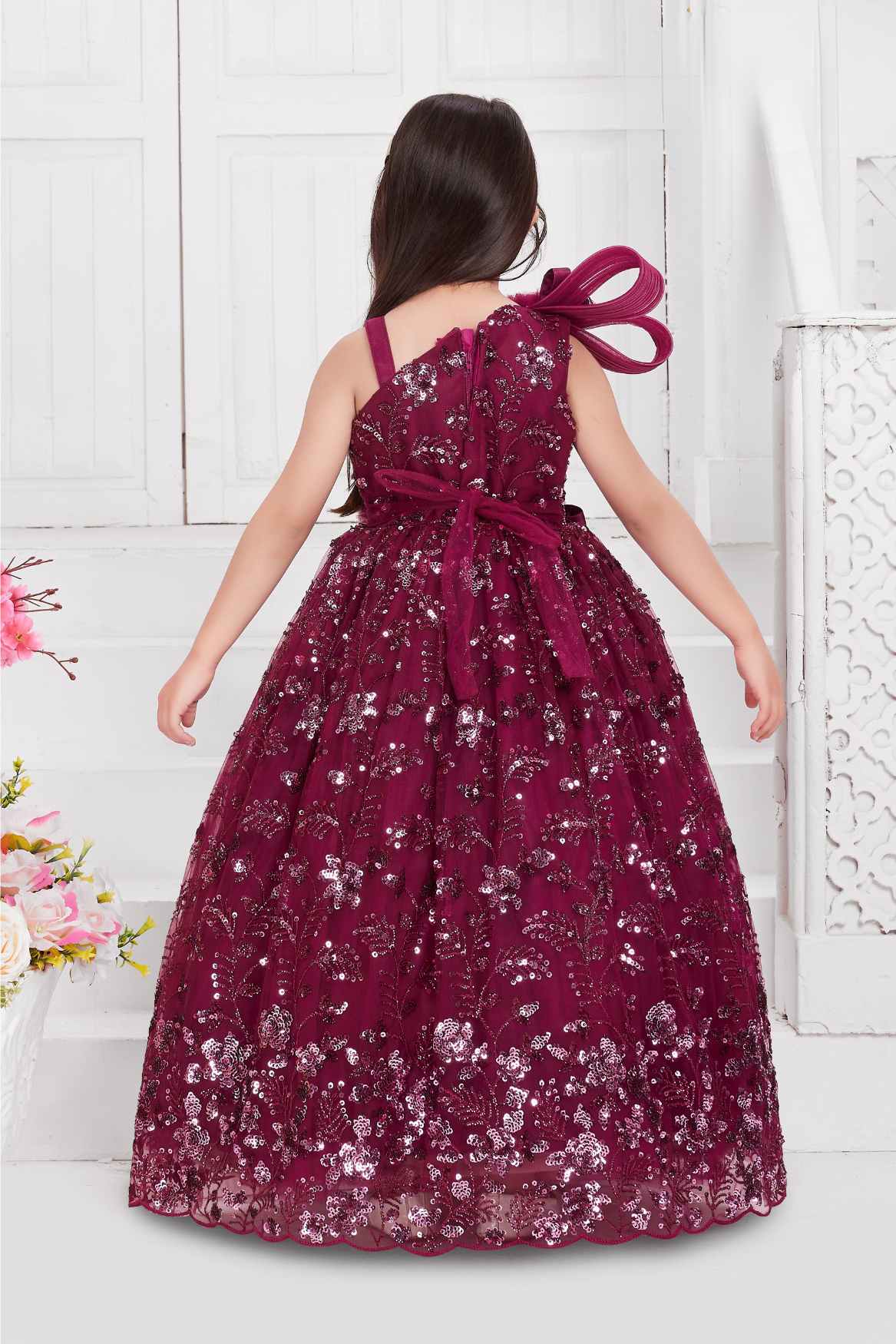 Elegant Wine Sequin Embroidered Gown With 3D Floral Appliqué For Girls