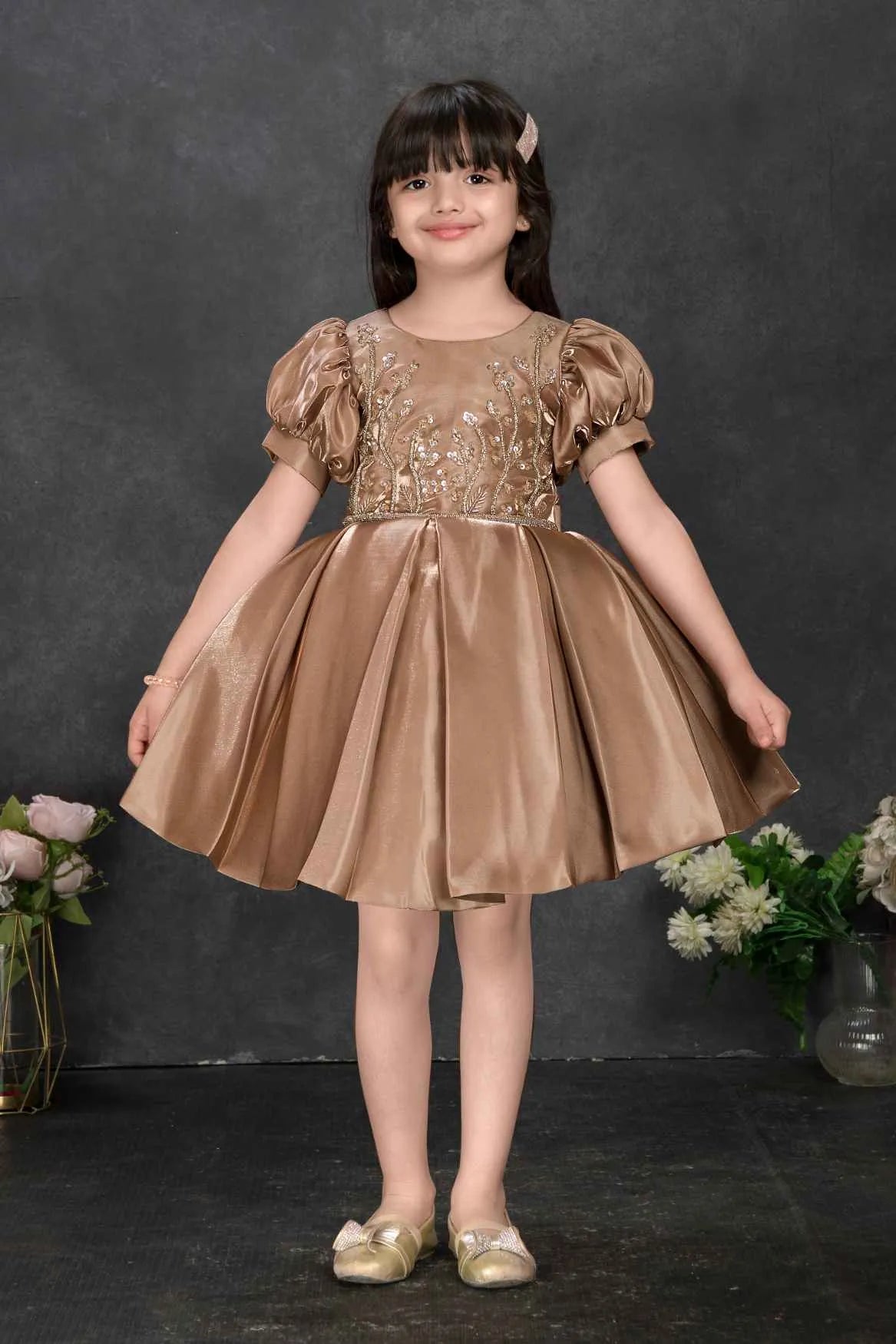 Bronze Embroidered Party Frock With Puff Sleeves For Girls