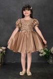 Bronze Embroidered Party Frock With Puff Sleeves For Girls