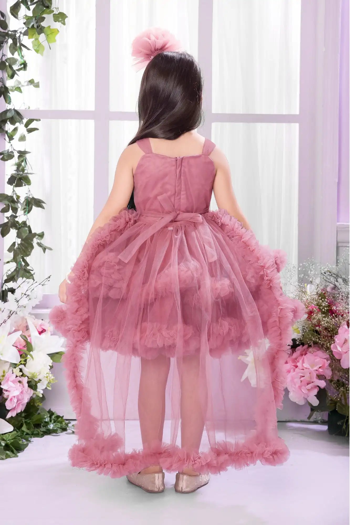 Onion Pink Party Frock with Sequin Bodice And Ruffle Layers For Girls