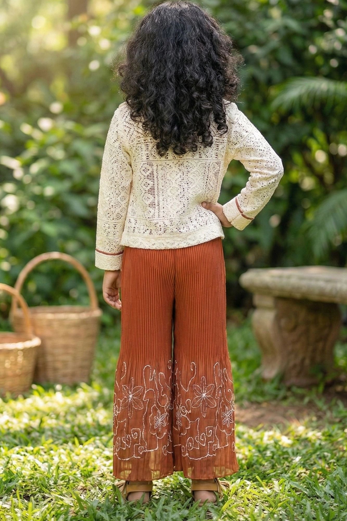 Brown Co-ord Set with Cream Lace Jacket & Floral Motif Top For Girls