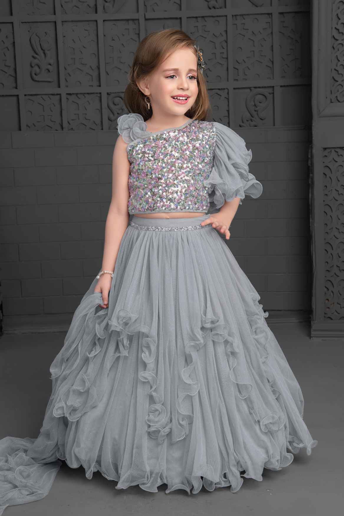 Grey Sequin Ghagra-Choli Set With Asymmetric Ruffled Sleeves For Girls