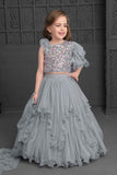 Grey Sequin Ghagra-Choli Set With Asymmetric Ruffled Sleeves For Girls