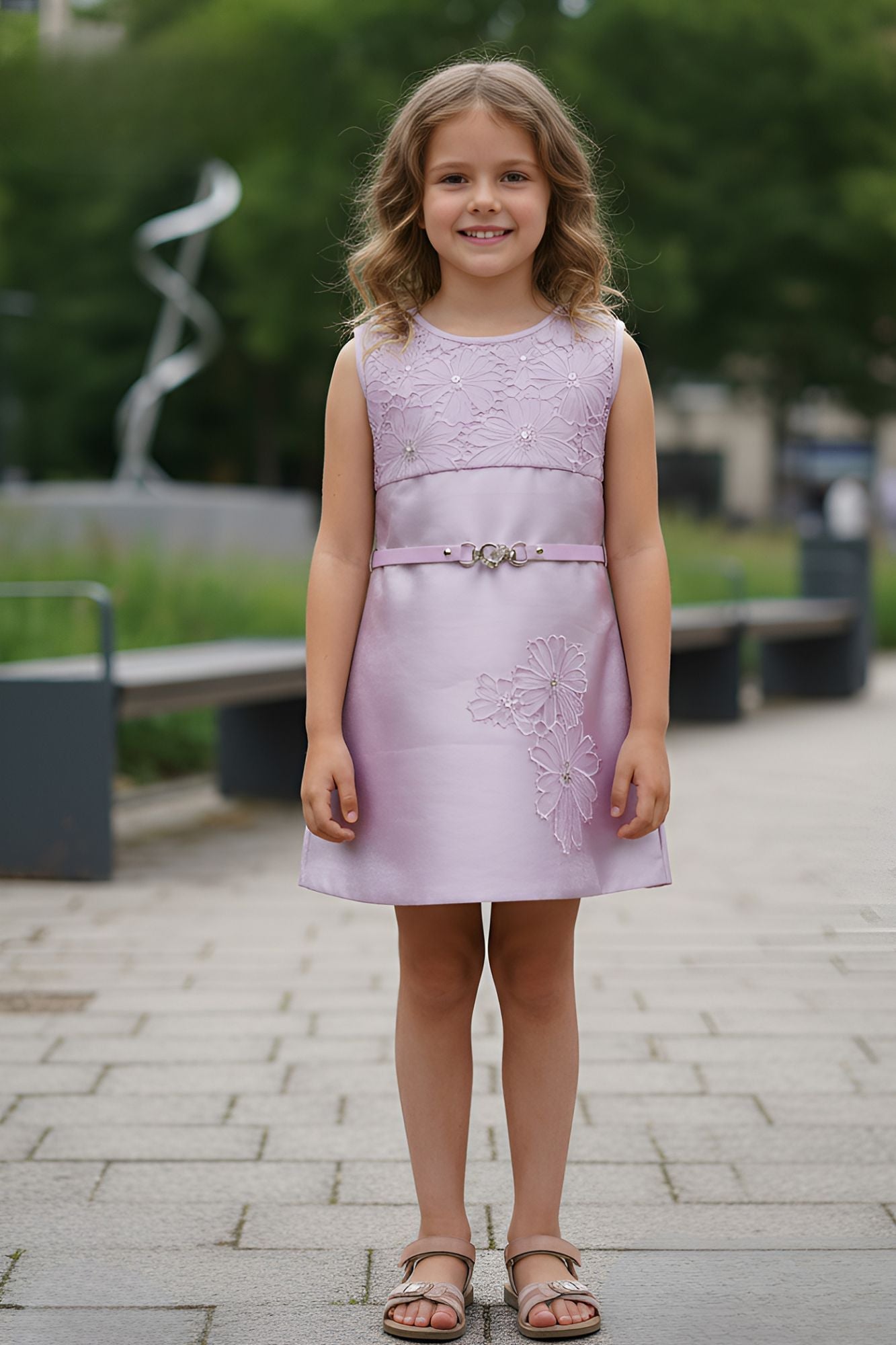 Lavender Floral Embellished Party Dress For Girls