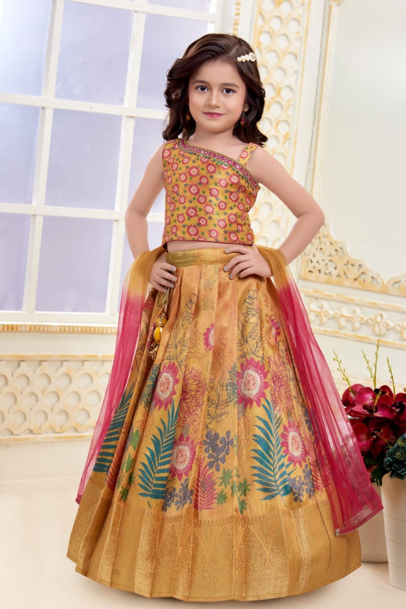 Golden Yellow With Multicolor Floral Motif Lehenga Choli Set for Girls