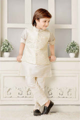 Cream Kurta With Sequin Embroidery Work Bandi Set For Boys