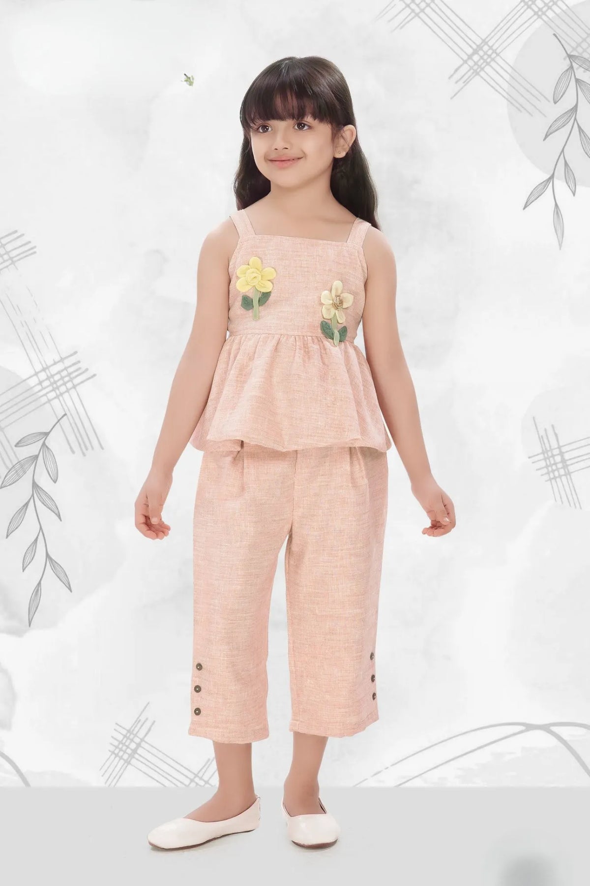 Peach Floral Co-ord Set with Peplum Top And Cropped Pants For Girls