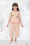Peach Floral Co-ord Set with Peplum Top And Cropped Pants For Girls