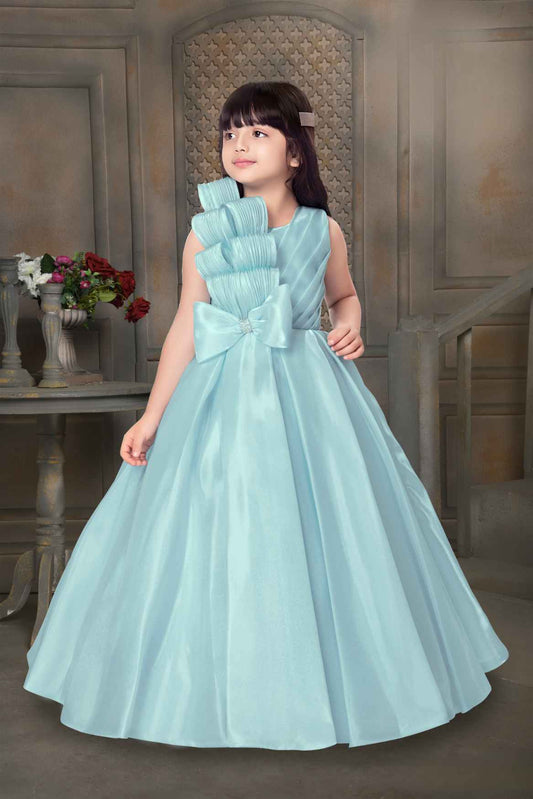 Sky Blue Gown With Bow Embellished For Girls