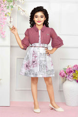 White Printed Frock With Onion Pink Ruffle Sleeves Overcoat For Girls