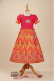 Pink And Orange Embroidered Pattu Pavadai with Elephant Motif For Girls