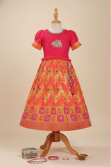 Pink And Orange Embroidered Pattu Pavadai with Elephant Motif For Girls