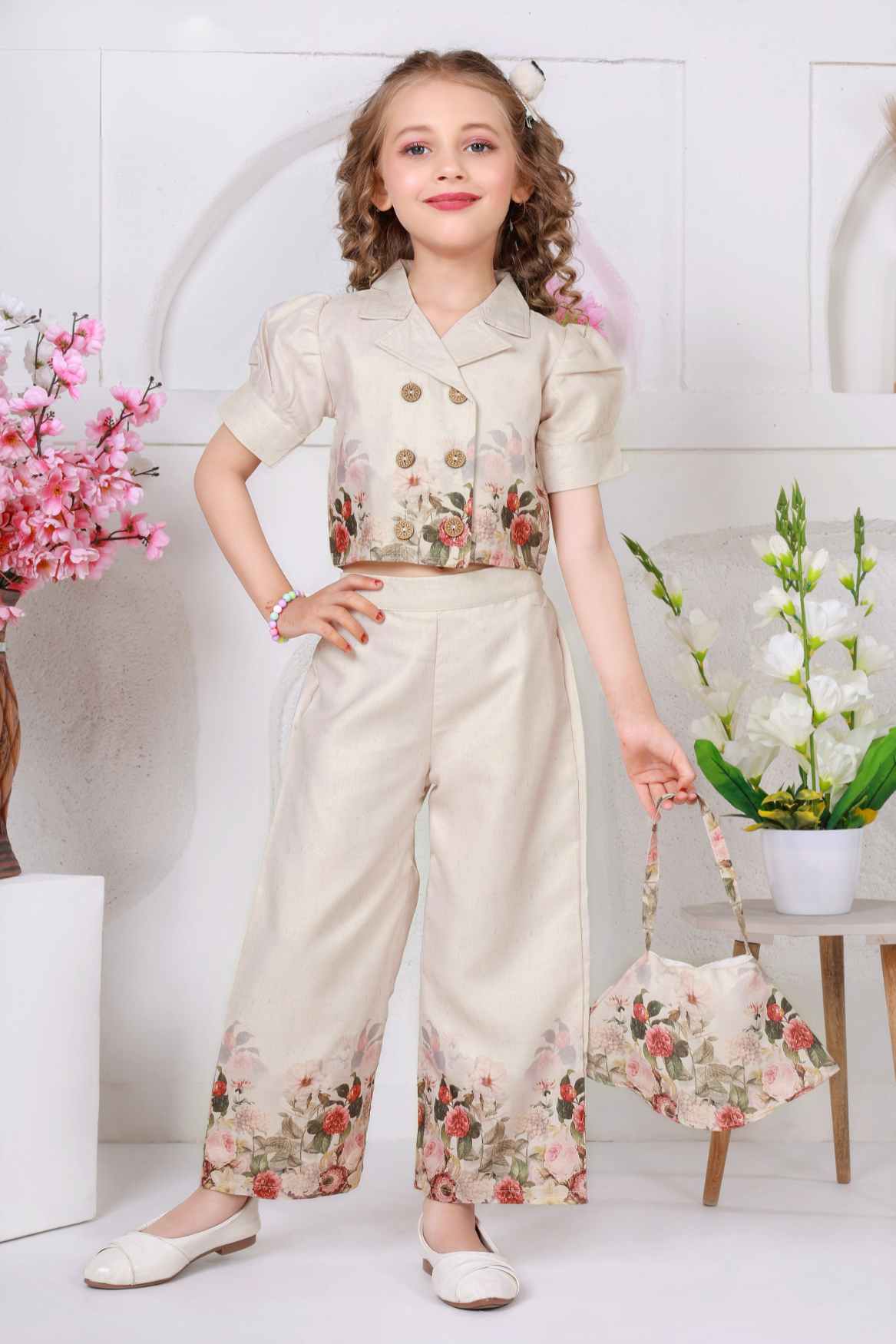 Cream Floral Printed Top and Wide Legged Pant Set With Hand Bag For Girls