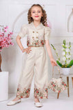 Cream Floral Printed Top and Wide Legged Pant Set With Hand Bag For Girls