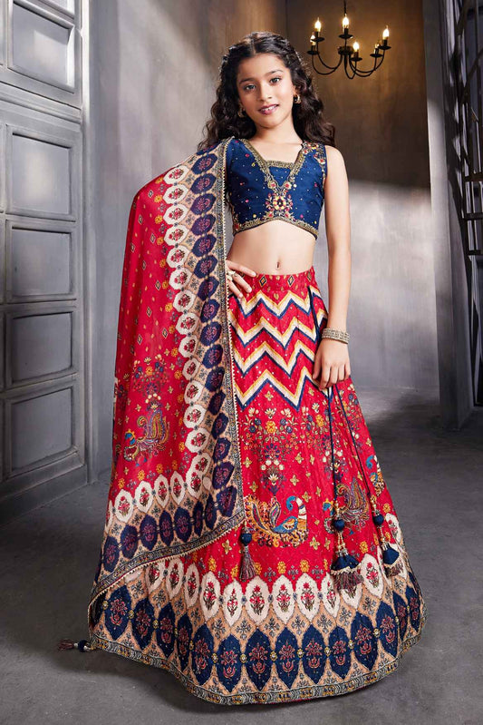 Red And Navy Sequins Work And Zari Embroidered Lehenga Choli For Girls