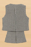 Elegant Black And White Houndstooth Printed Vest Coat With Top And Skirt Set For Girls