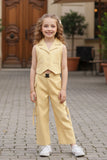 طقم عصري من جاكيت وبنطلون بدون أكمام باللون الأصفر الليموني للبنات
