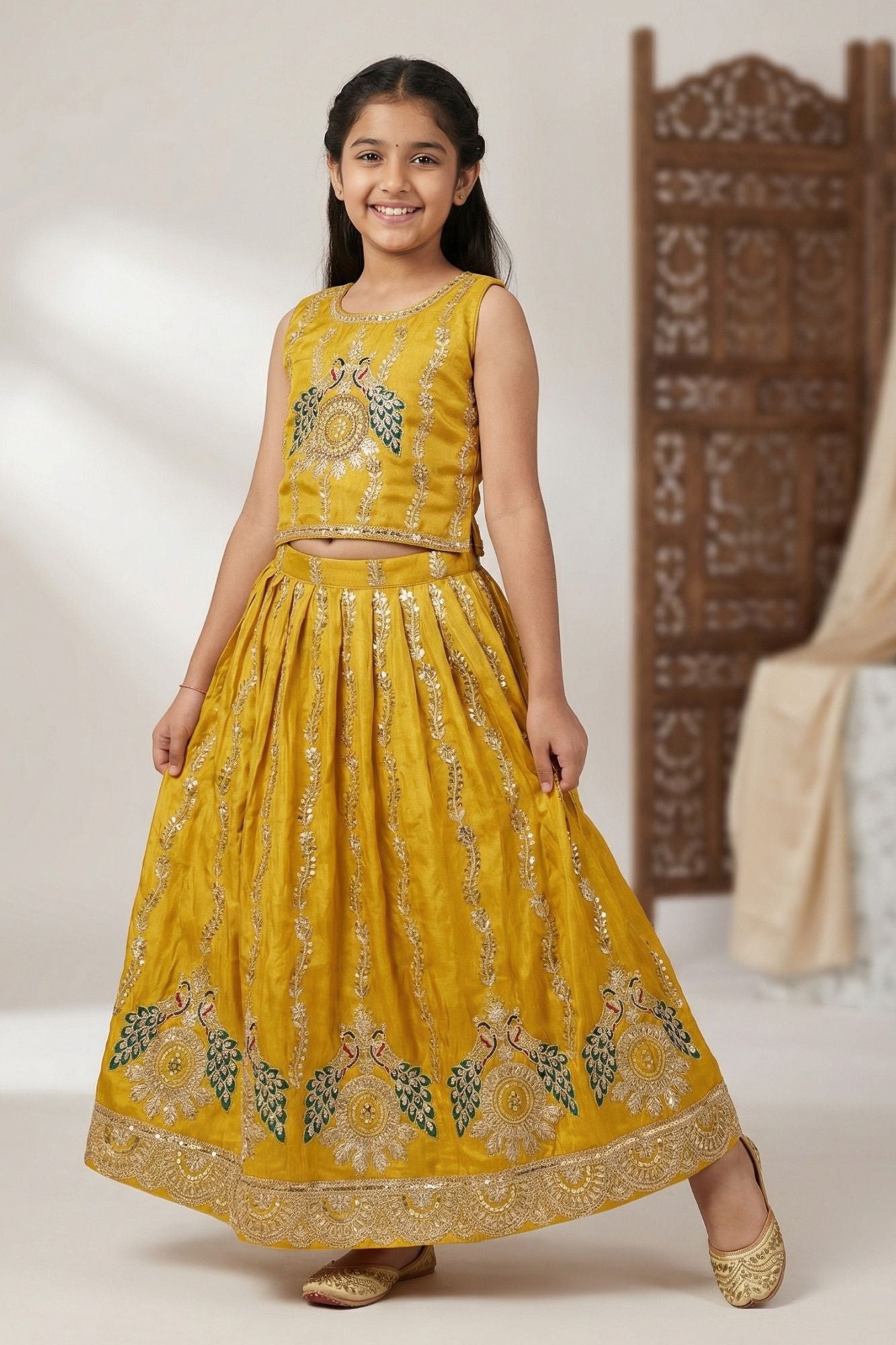 Mustard Yellow Peacock Embroidered Lehenga Choli for Girls