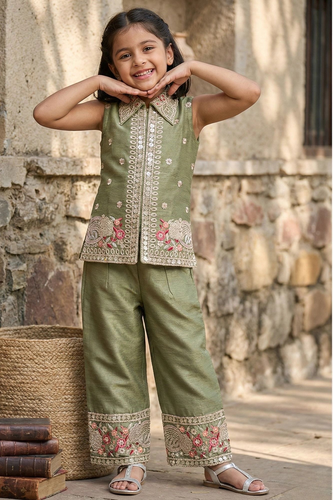 Olive Green Embroidered Palazzo Set for Girls