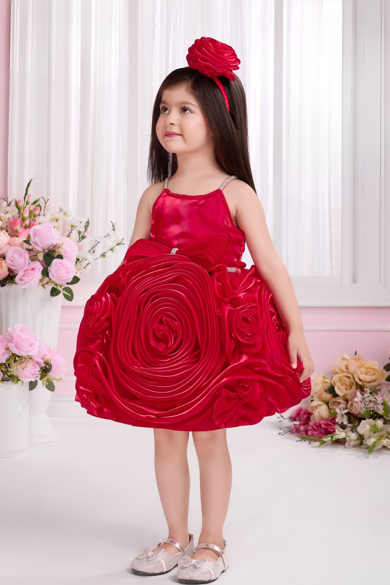 Red Rosette Party Wear Frock for Girls