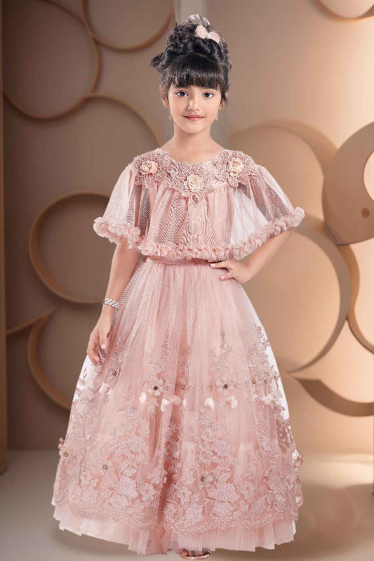 Pink Sequin Net Party Wear Gown With Ruffled Cape For Girls