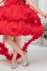 Red Sleeveless And Sequins Worked With Floral Embellished Tail Back Frock For Girls