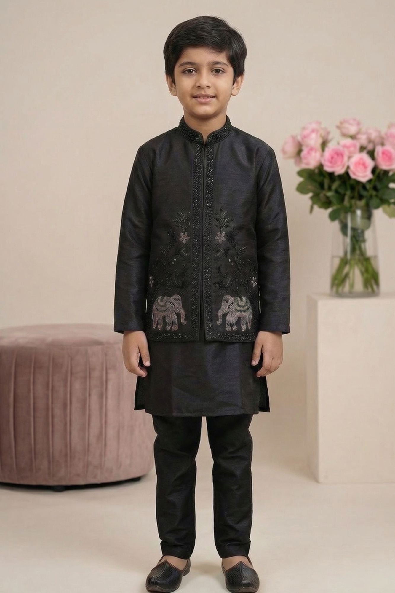 Royal Black Elephant Embroidered Jacket Kurta Set For Boys