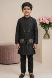 Royal Black Elephant Embroidered Jacket Kurta Set For Boys