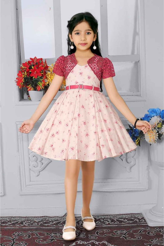 Rani Pink Printed Party Wear Frock With Crochet Overcoat For Girls