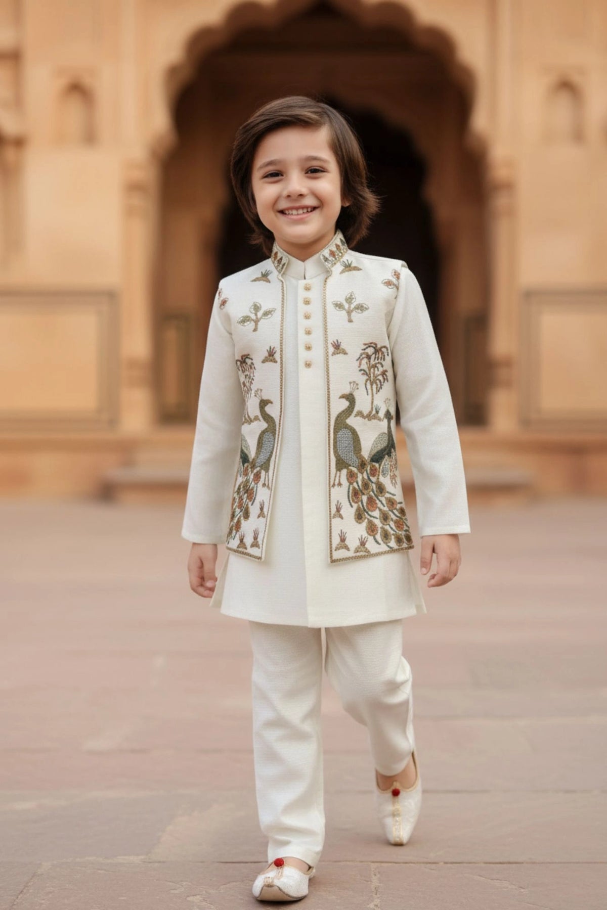 Ivory Embroidered Kurta Jacket Set with Peacock Motif For Boys