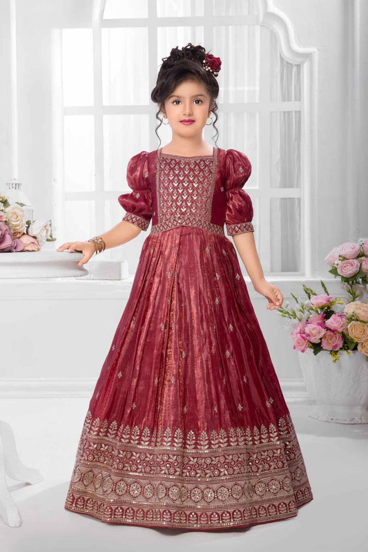 Maroon Sequins Work And Zari Embroidered Ethnic Gown For Girls