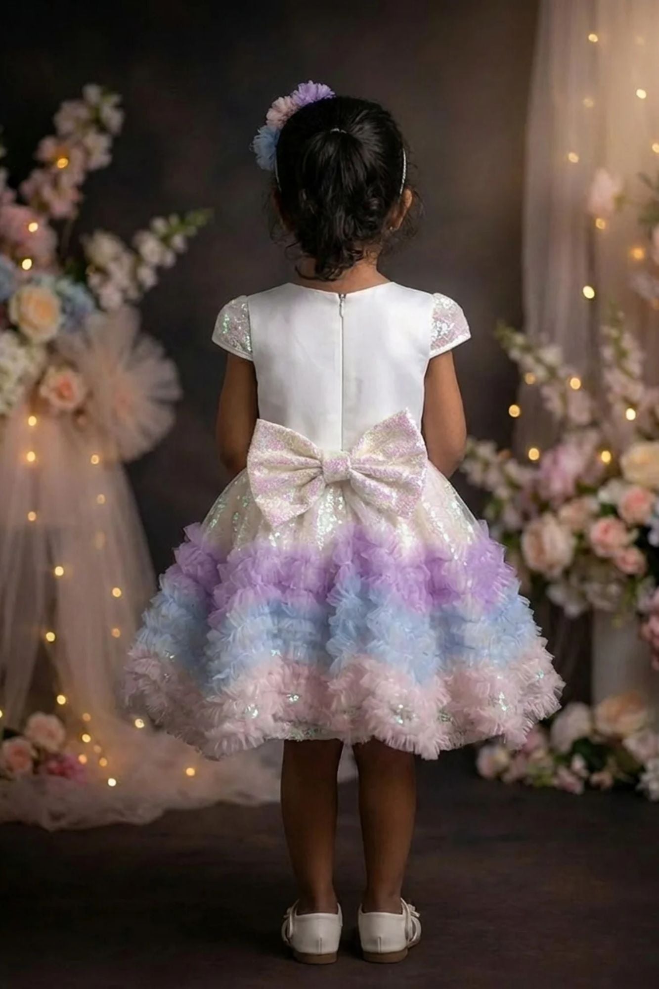 Girls White Rainbow Ruffle Party Frock with Sequin Flare