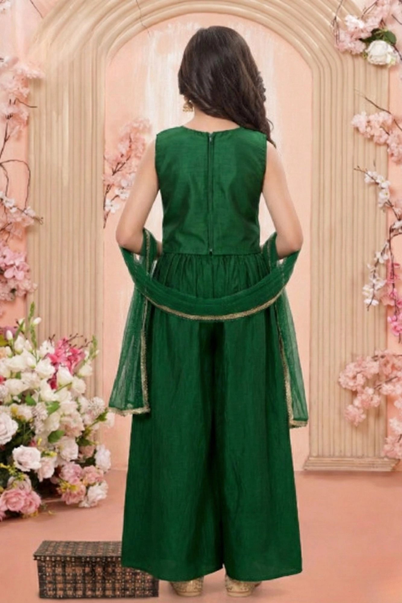 Emerald Green Embroidered Crop Top with Palazzo for Girls