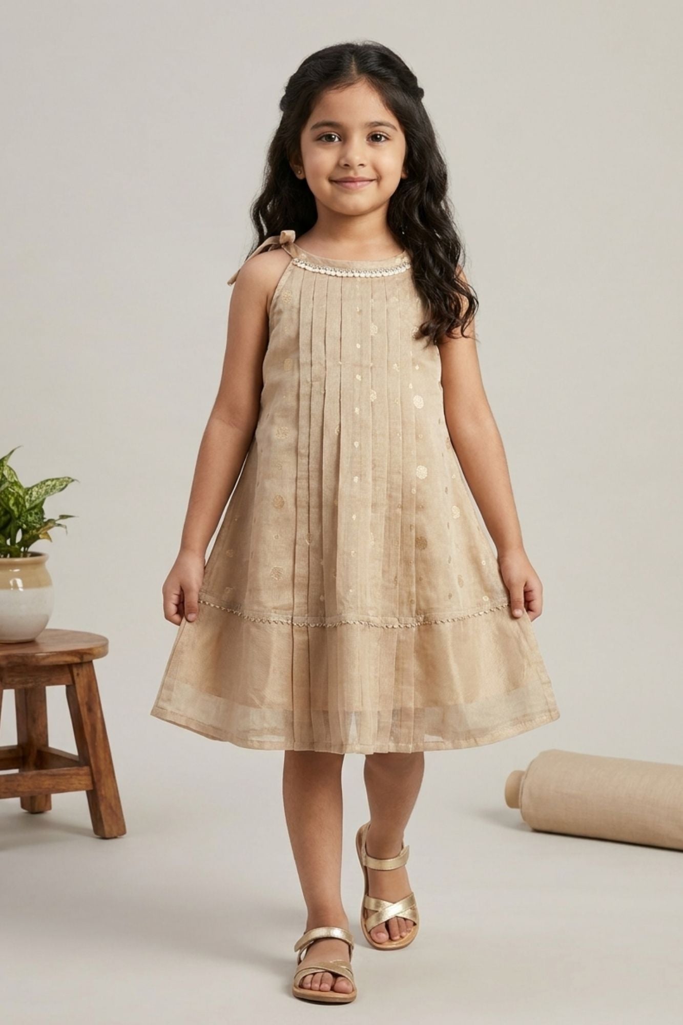 Girls Beige Sleeveless Dress with Pintuck Pleats