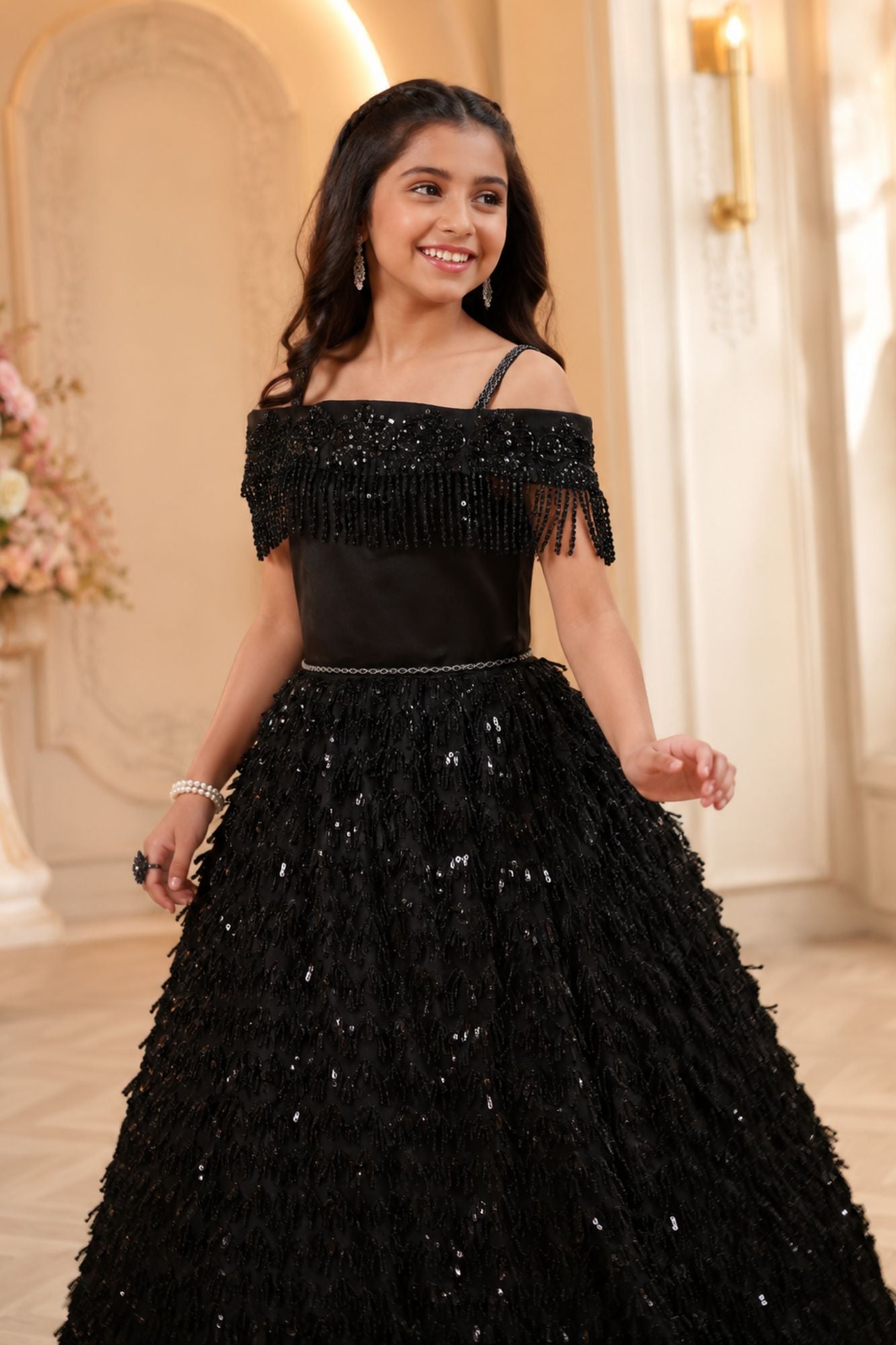 Girls Black Off-Shoulder Sequined Party Wear Gown with Fringe And Textured Flared Skirt